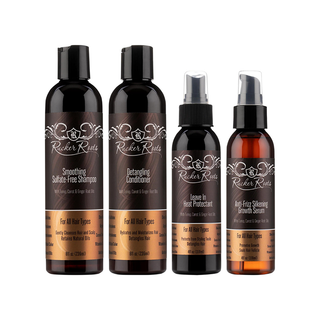 Anti-Frizz Silkening Growth Serum shown alongside the full 4 Step Smoothing System