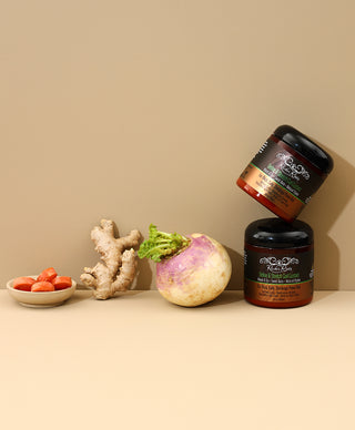 Define & Stretch Curl Custard texture shown with ginger, carrot, and turnip root ingredients